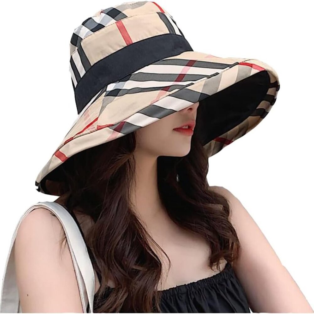Womens Bucket Hat Beach Sun Hat for Sunmmer Travel Cotton Plaid Colorful Packabl - Picture 3 of 7